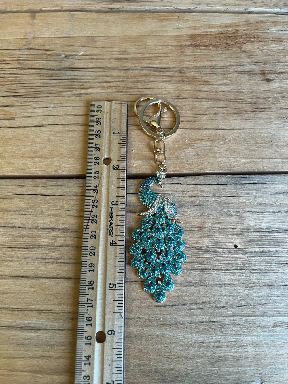 Peacock Bag Charm/Keyring  with Teal Rhinestone Accents On Gold Hardware